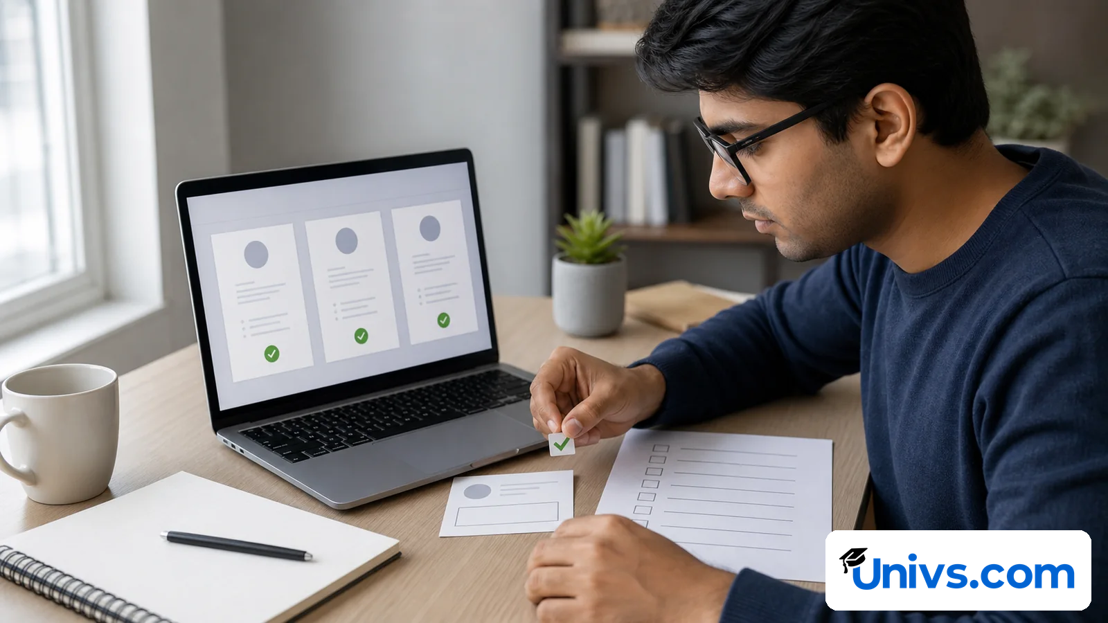 Student reviewing checklist-style cards on a laptop beside a paper checklist.