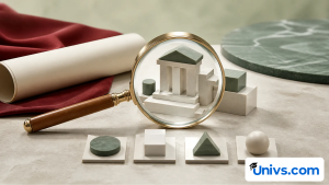 Magnifying glass examining an abstract institution model beside verification tiles.