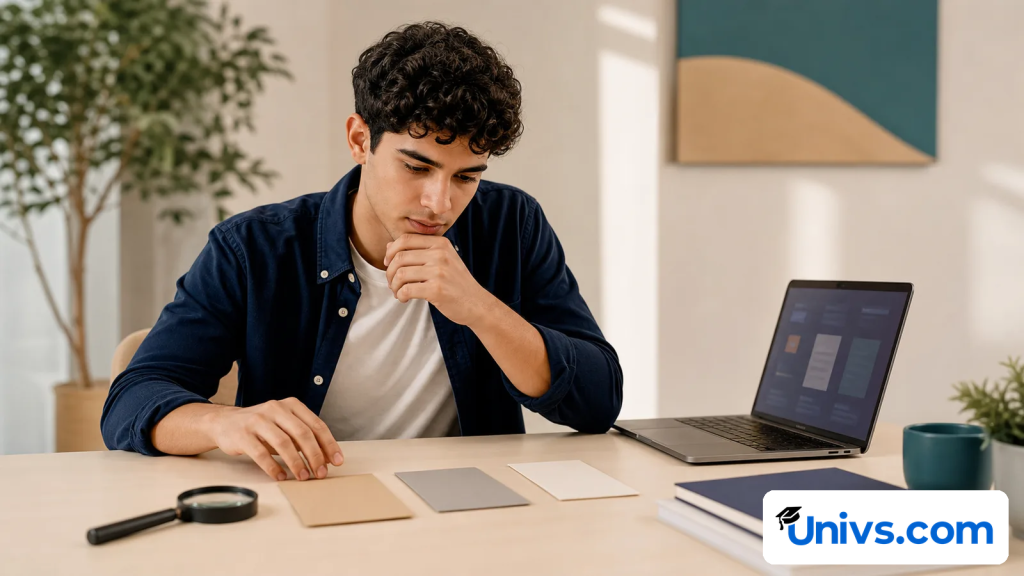 Student arranging blank cards beside an open laptop at a desk.