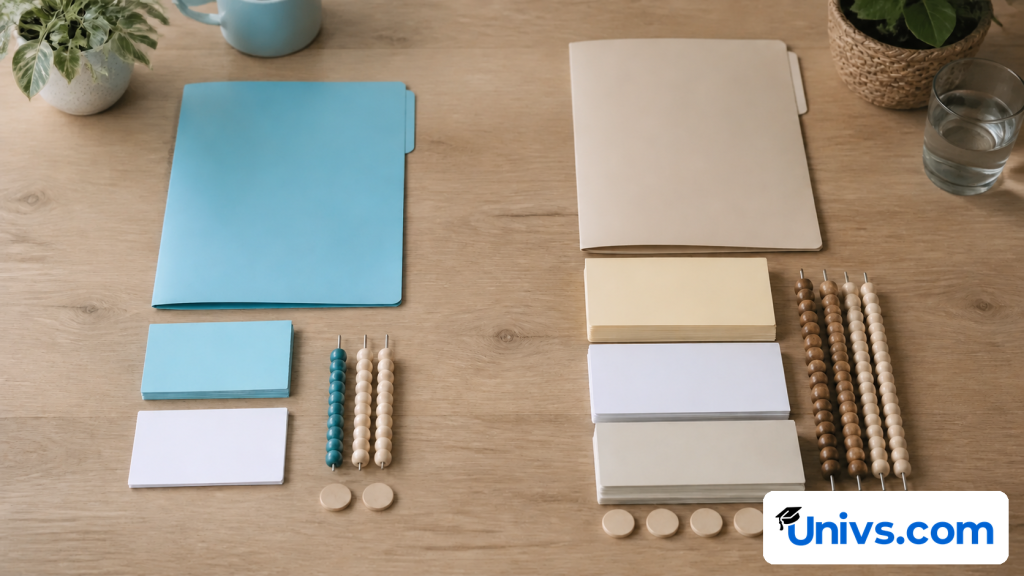 Two contrasting university expense folders compared with blank cards and counting beads.