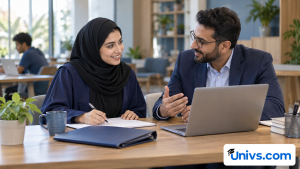 A student and mentor discuss a career plan beside a laptop and notebook.
