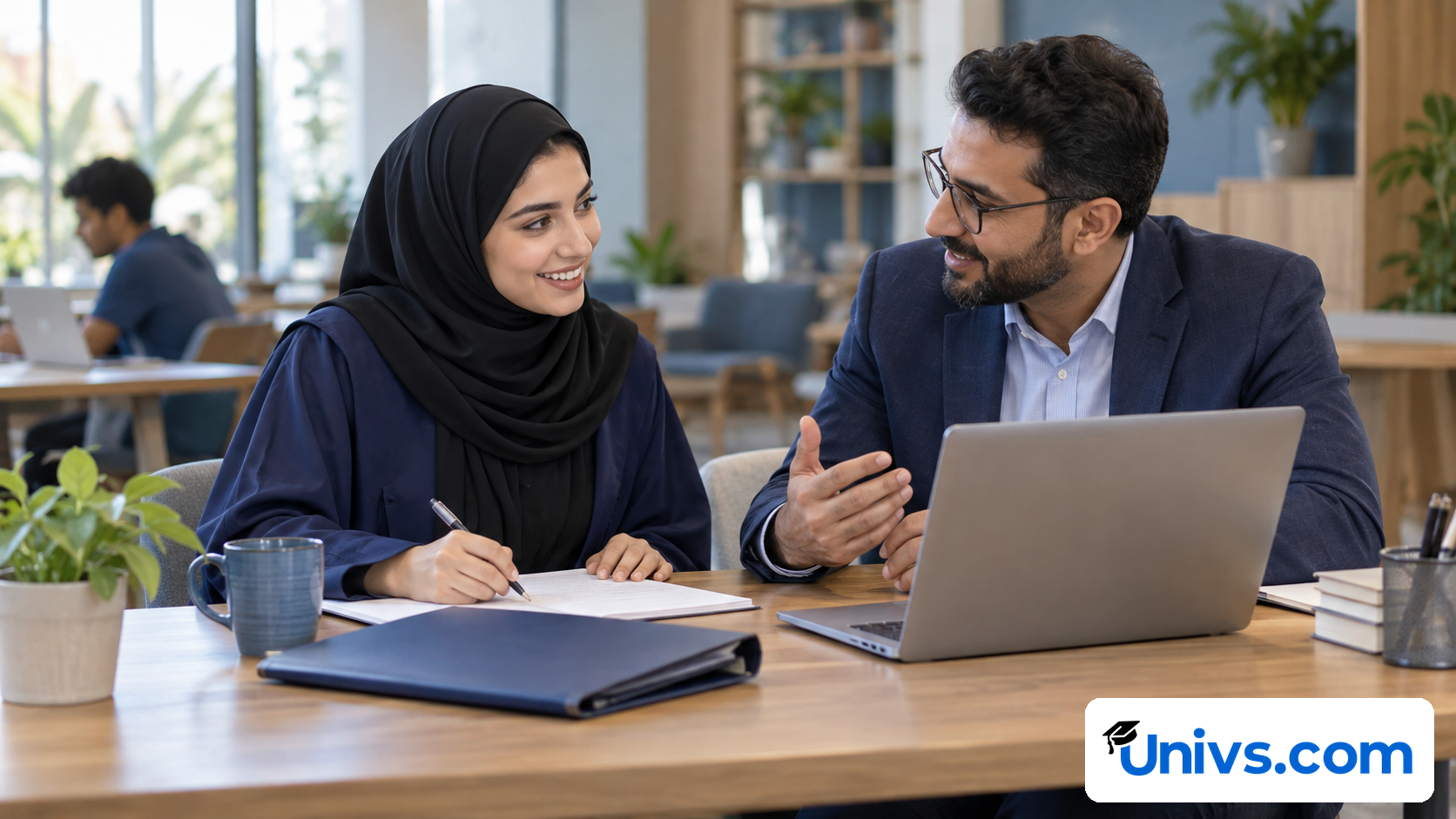 A student and mentor discuss a career plan beside a laptop and notebook.