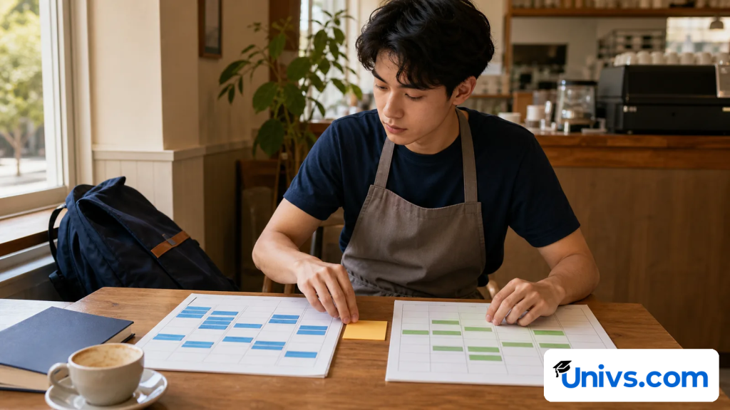 Student in a café apron balancing class and work schedules on two colour-coded planners.