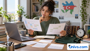 A student reviews color-blocked schedule sheets beside a laptop, notebook, and clock.