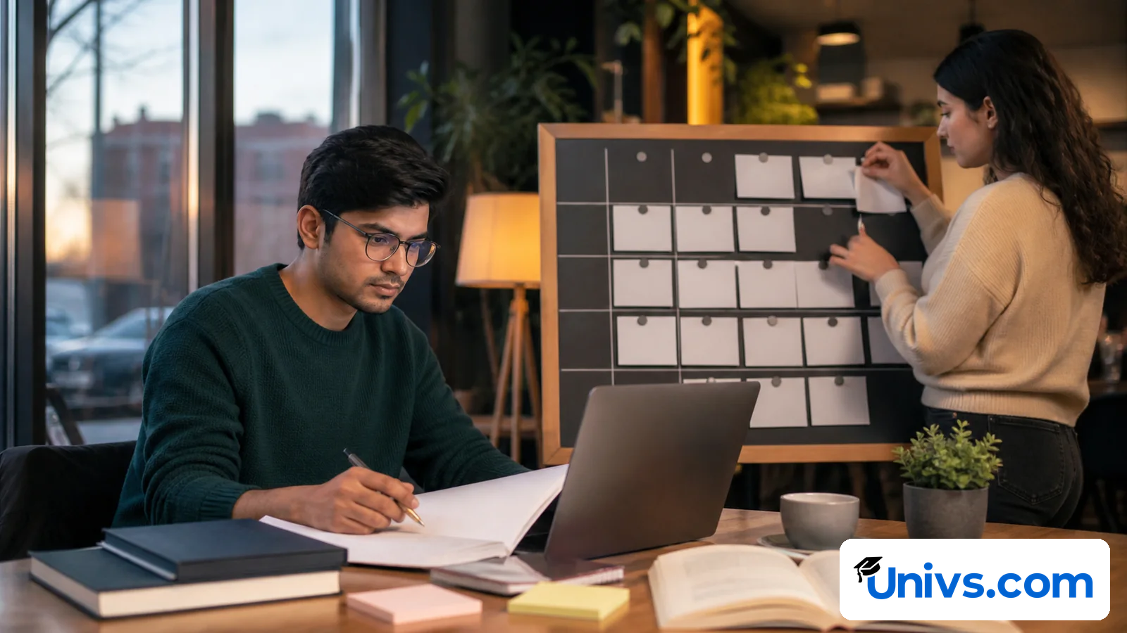 A student works at a laptop while a peer arranges blank shift-planning cards.