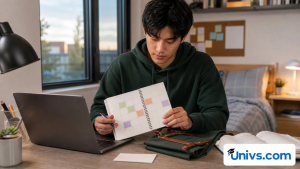 Student reviewing a weekly planner beside a laptop, books, and a work bag.