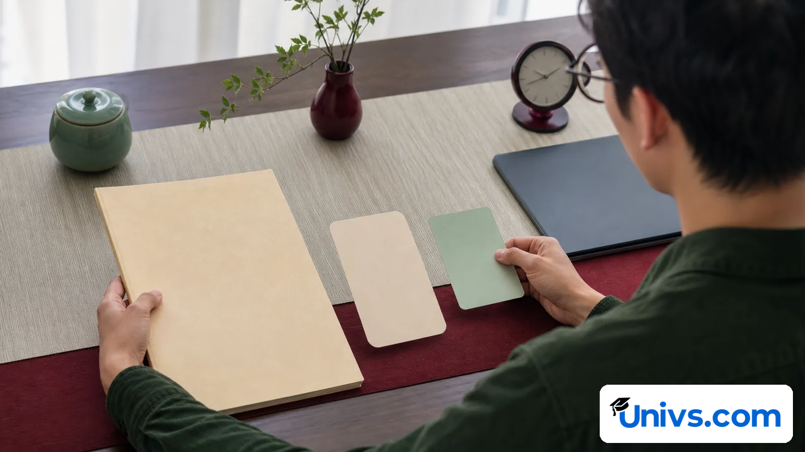 Person comparing a plain folder and two blank cards beside a laptop and clock.